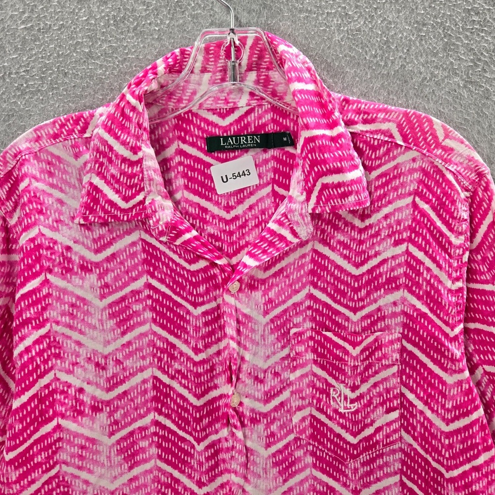 Lauren Ralph Lauren Women Top Medium Pink Chevron‎  Black Label Button Up Collar